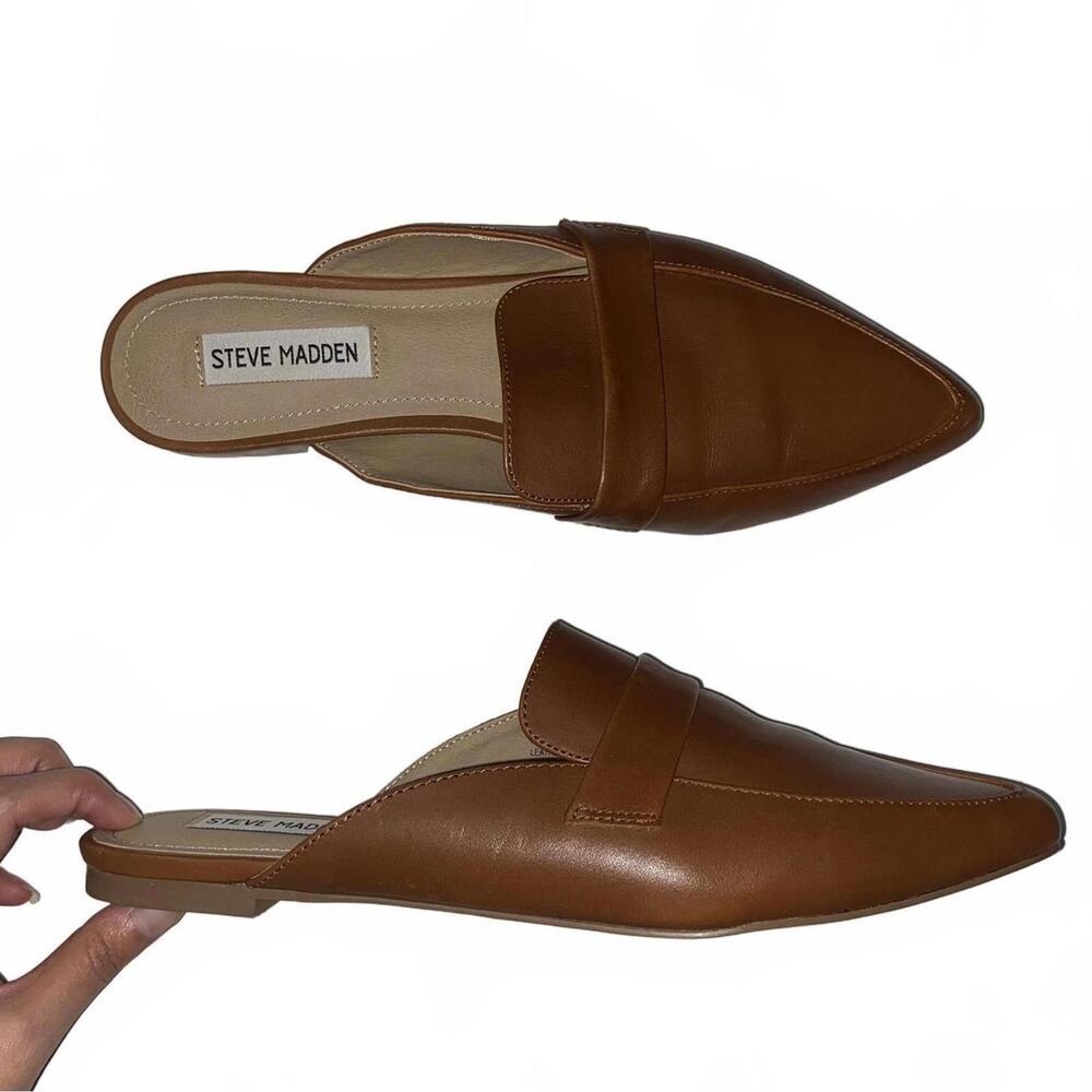 Steve Madden Leather Mules 8.5 Tan Minimalist Chic Fall Vintage Aesthetic Slip - Picture 2 of 4